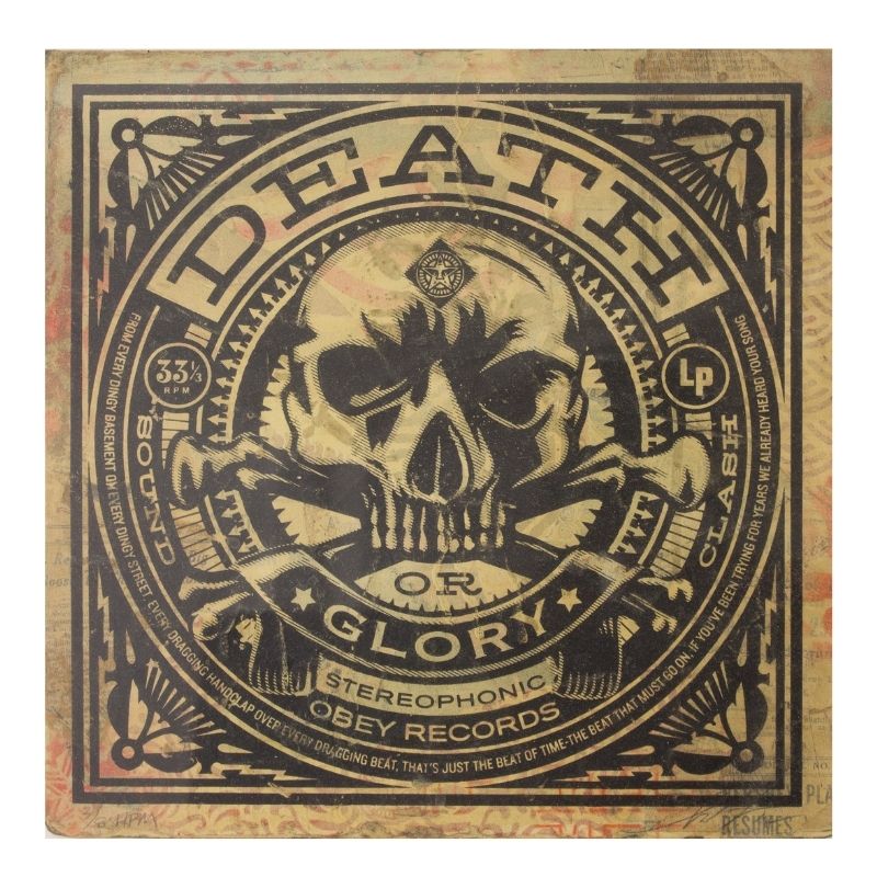 24E Sheppard Fairey death or glory 30x30 cmtechnique mixte sur pochette de disque unique Obey-Eric Brugier - marchand d'art - gestion de collection